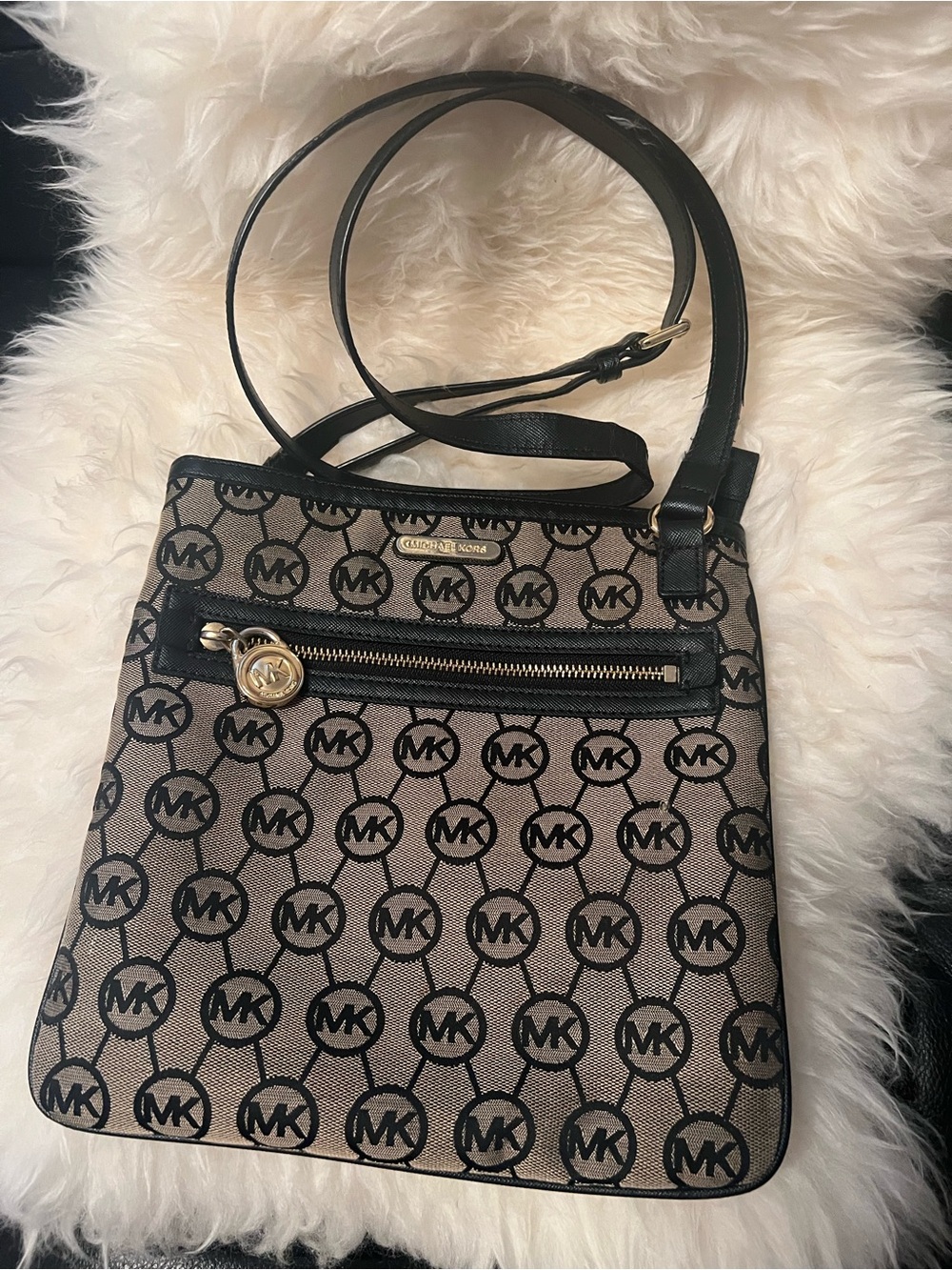 Michael Kors Beige and Black MK Logo Crossbody Bag